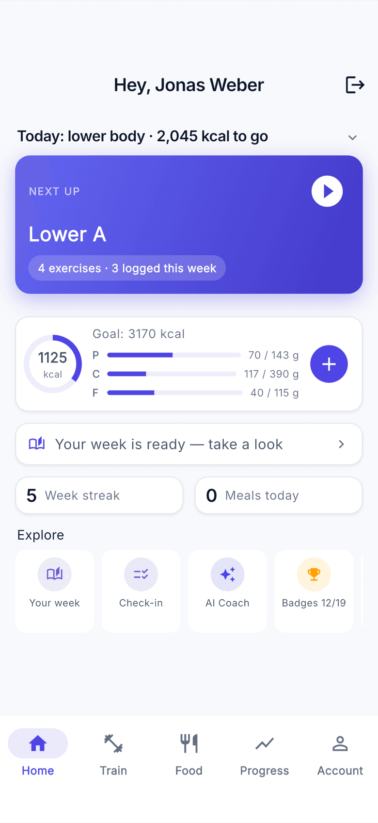 The client app's home screen with today's session, readiness and nutrition targets