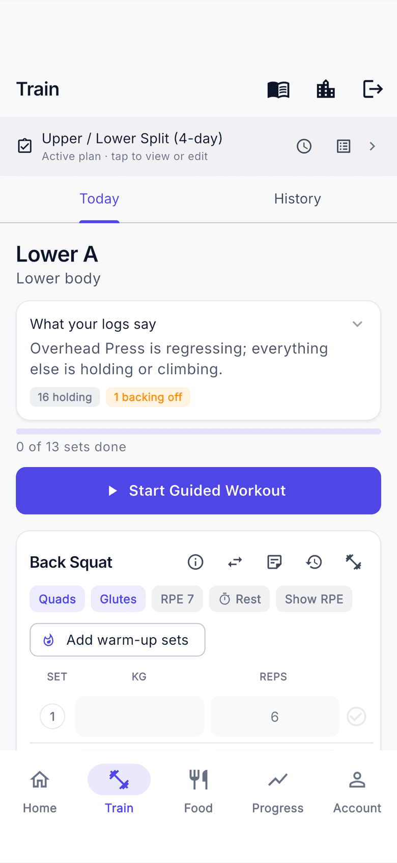 Logging a workout in the client app