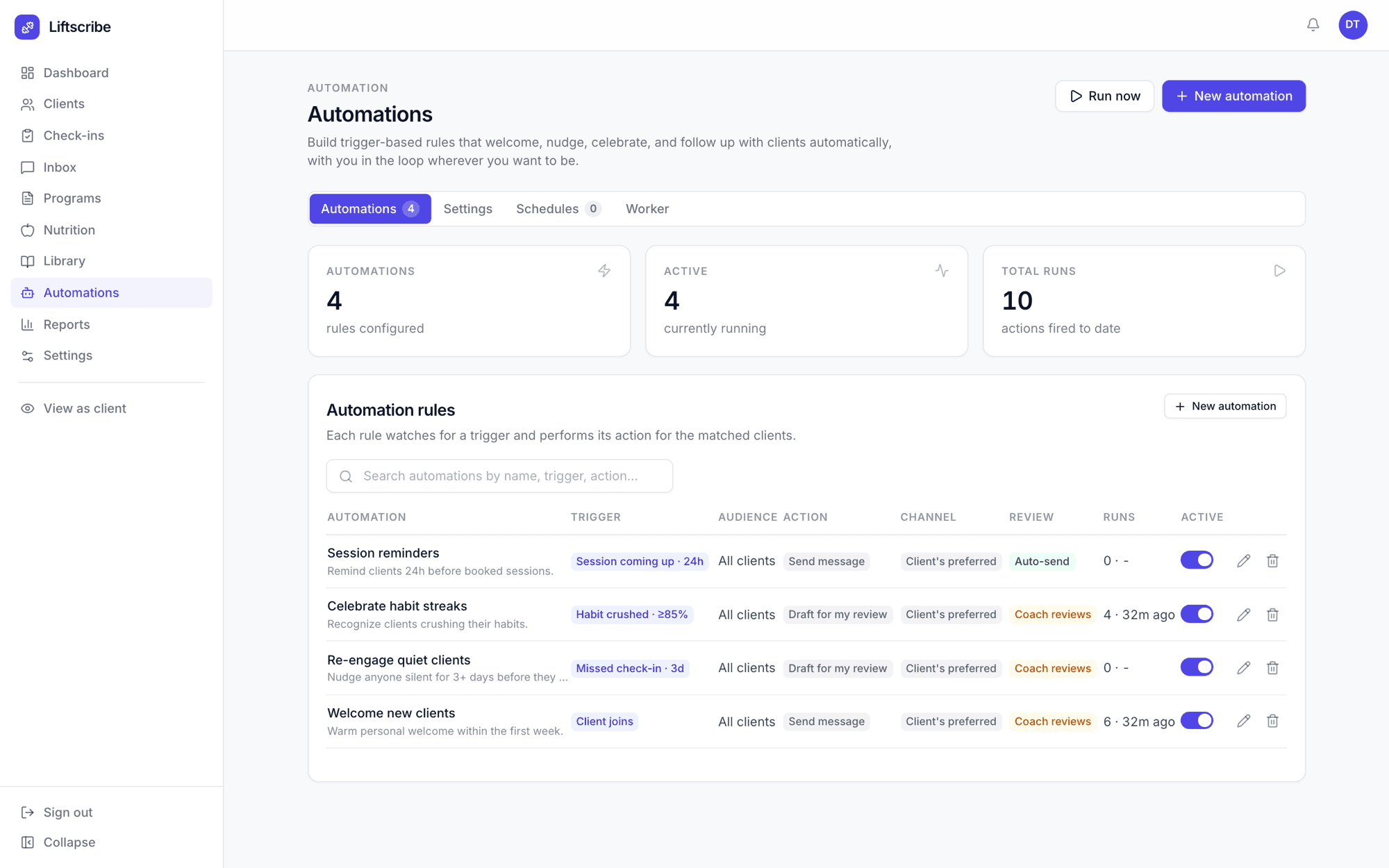 Automation rules with their triggers, channels and review mode
