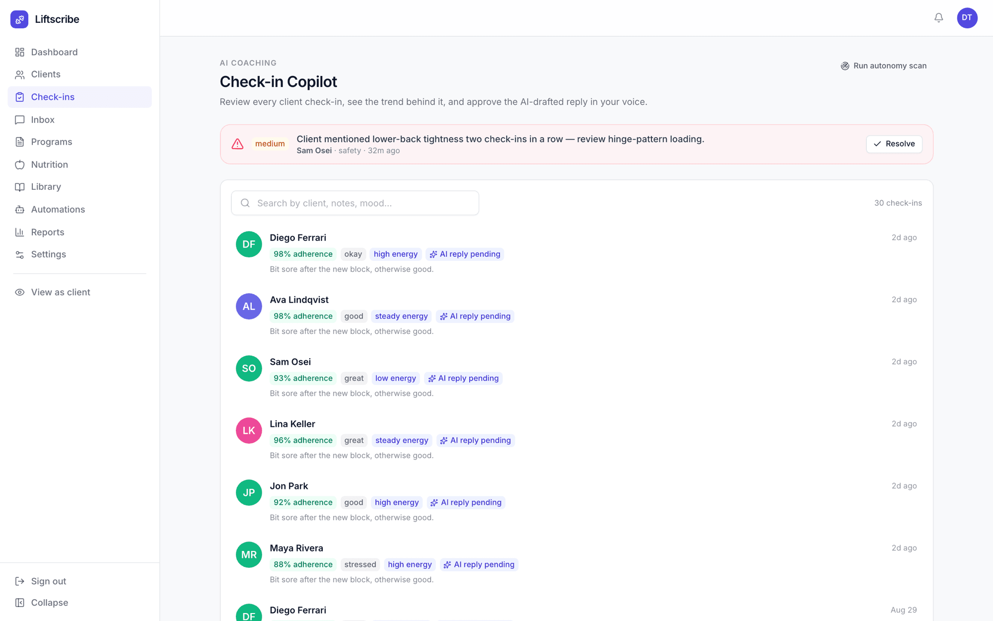 The check-in list with an open safety escalation