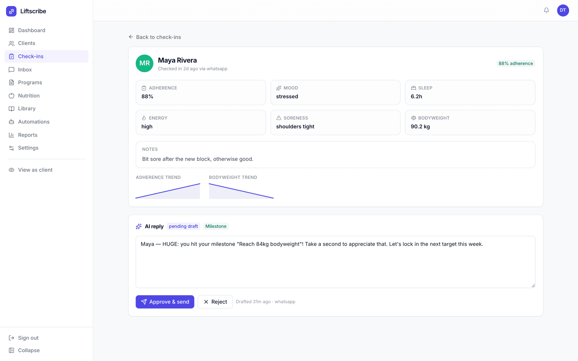 A check-in with the AI-drafted reply ready to approve