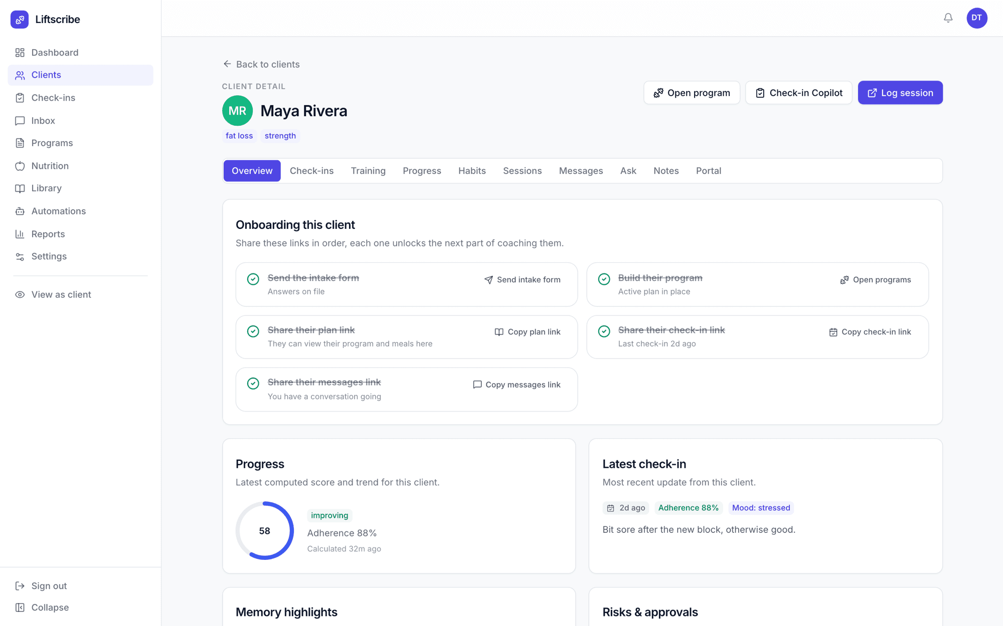 A client's overview with onboarding checklist and progress