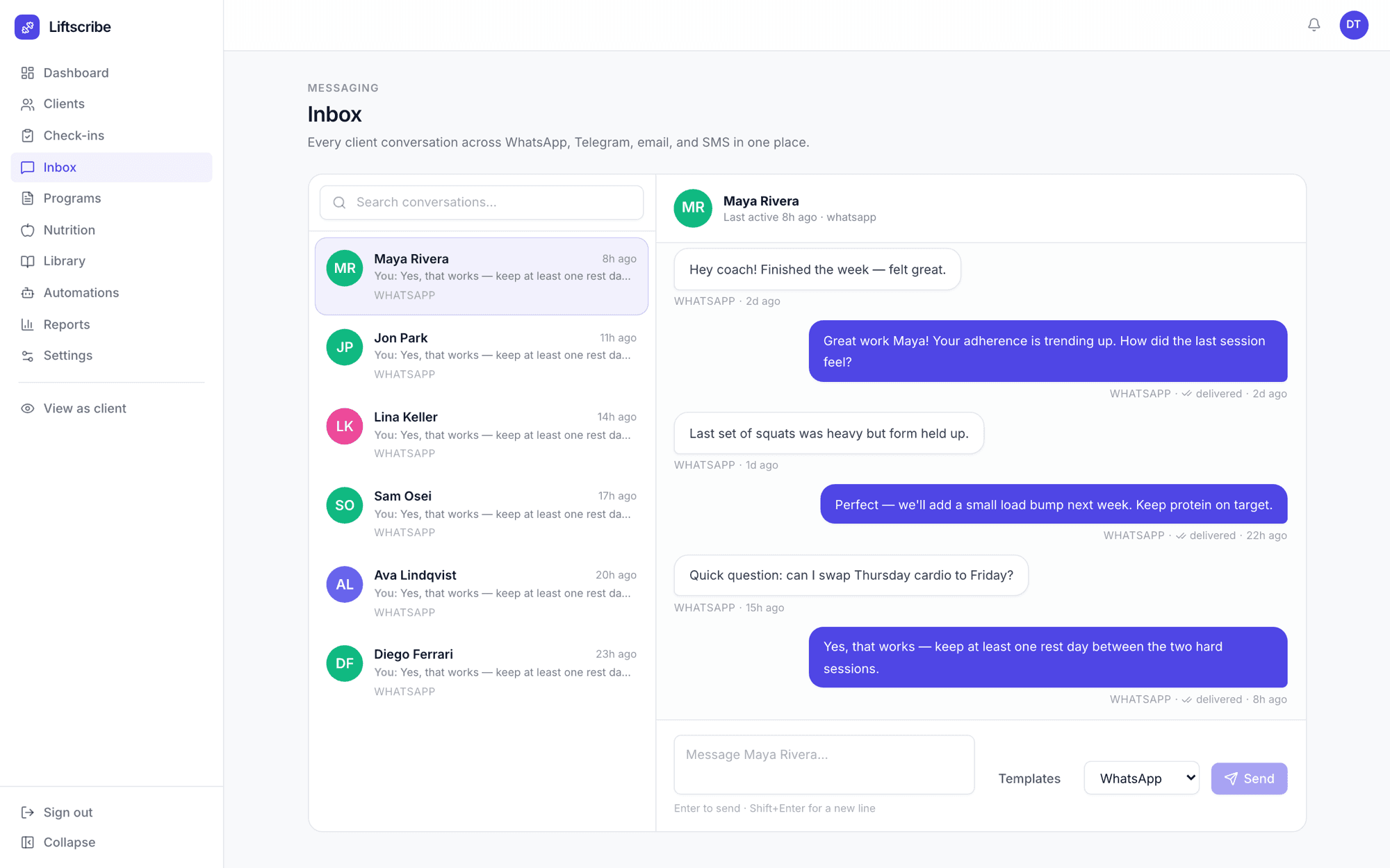The unified inbox with a WhatsApp conversation