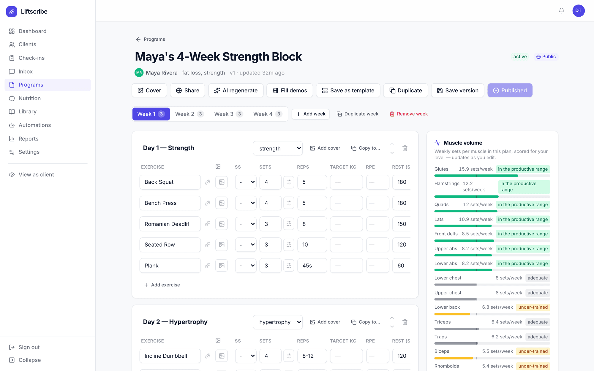 The program builder with the muscle-volume panel