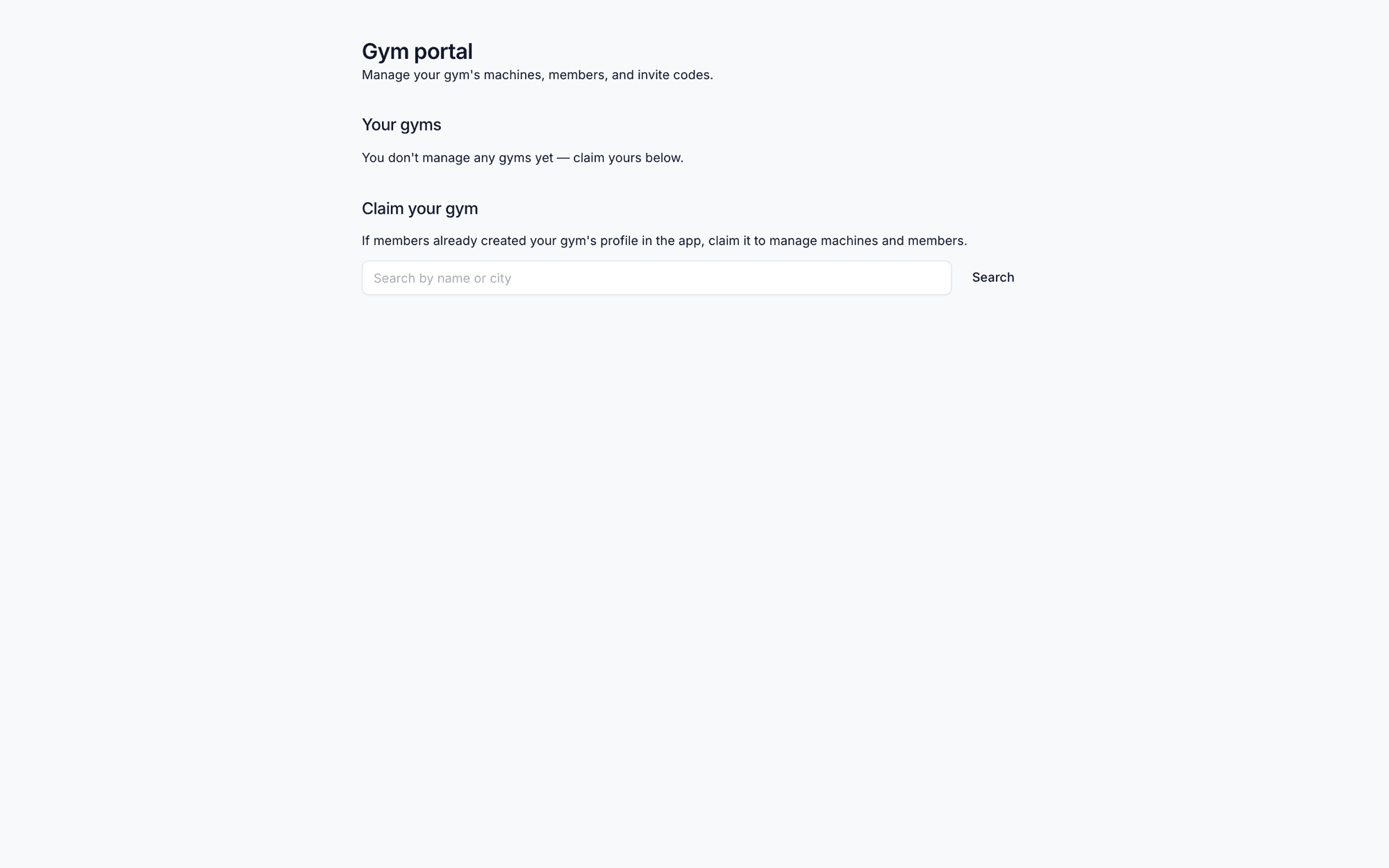The gym portal with machines, members and invite codes